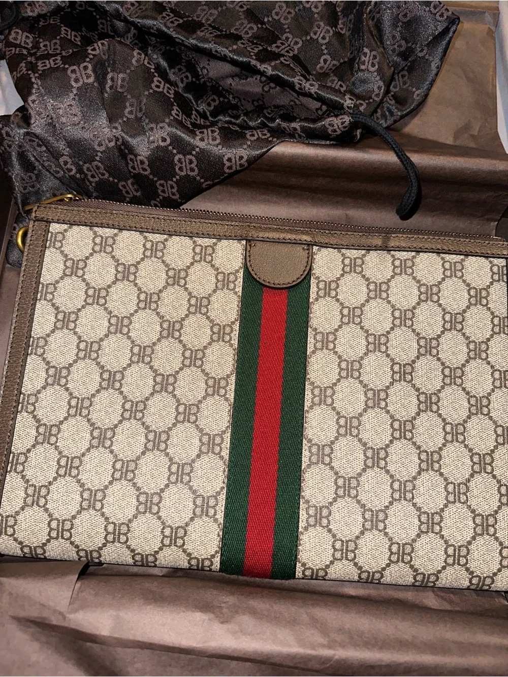Balenciaga Beige Monogram Canvas Pouch with Green and Red Center Stripe